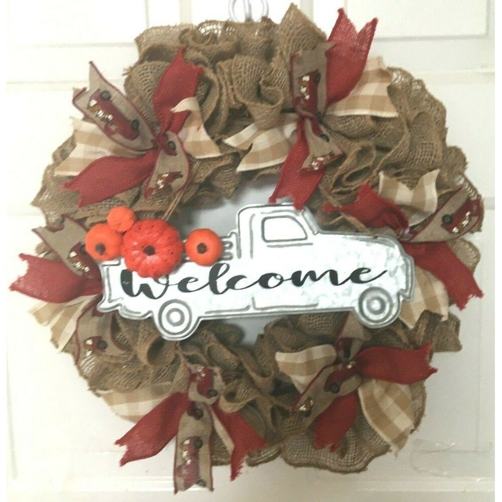 Fall Wreath Burlap Farmhouse Rustic Truck Welcome Sign Handmade